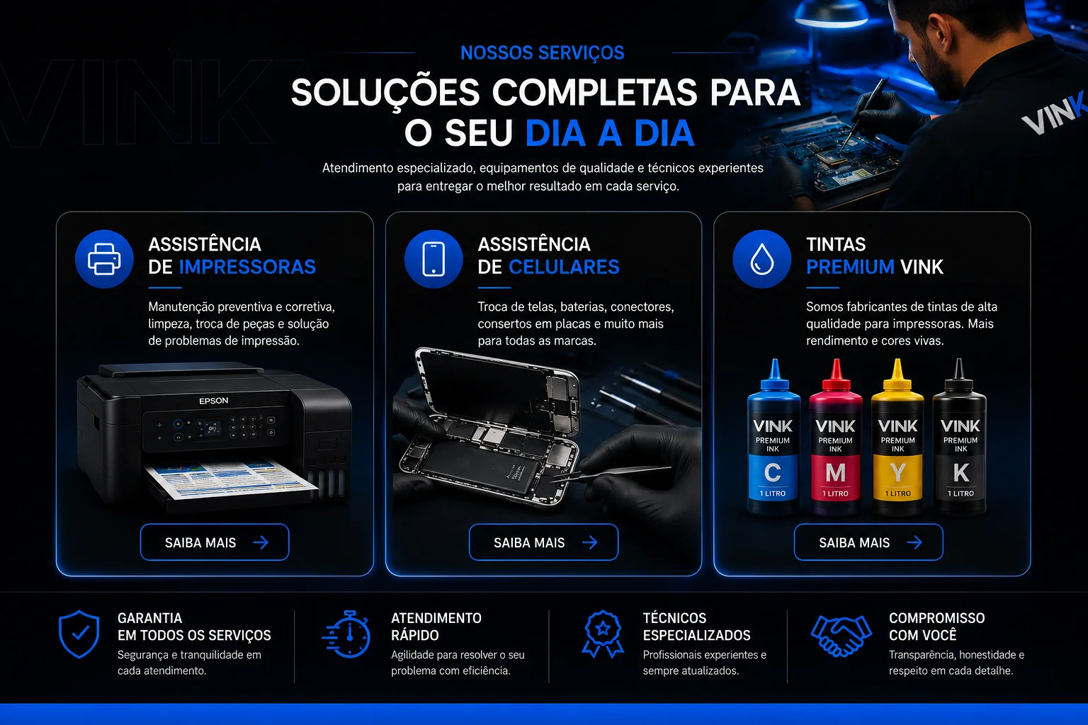 Serviços VINK para impressoras, celulares e tintas premium